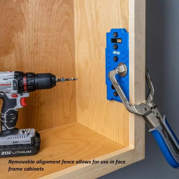 Cordless drill and blue pocket hole jig clamped to wooden cabinet for precise drilling
