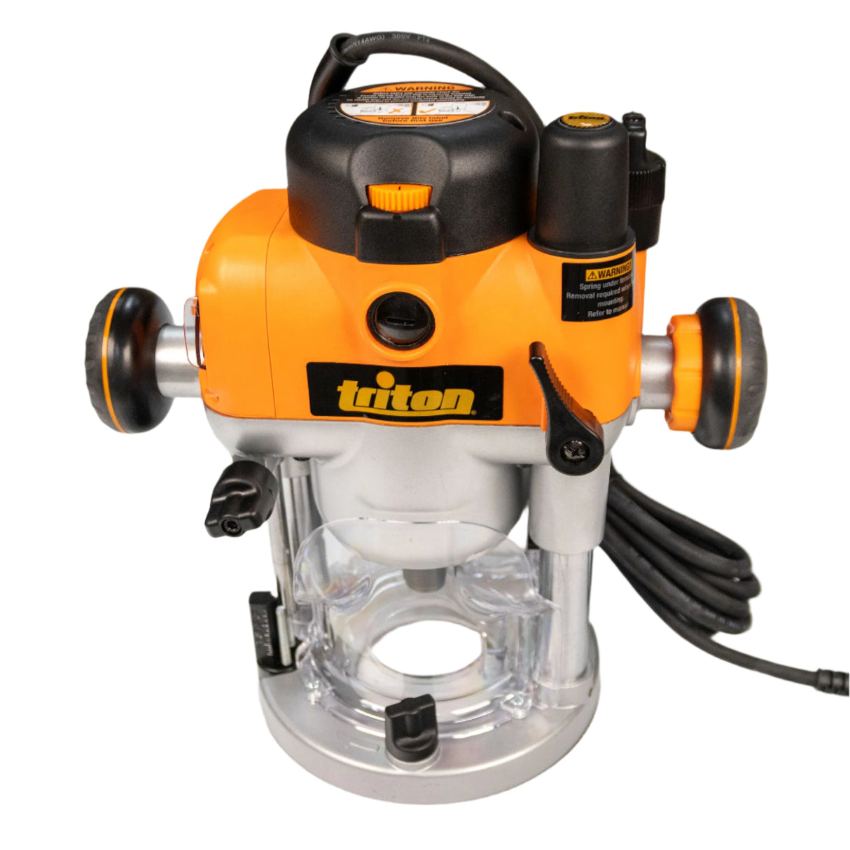 Triton plunge router with orange and silver body, adjustable knobs, and power cord on white background