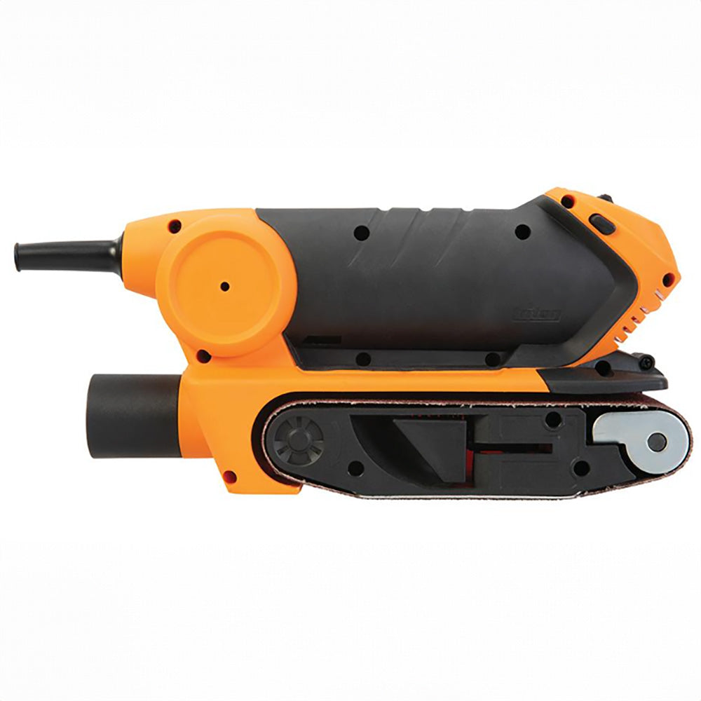Electric belt sander for woodworking with orange and black casing, side view