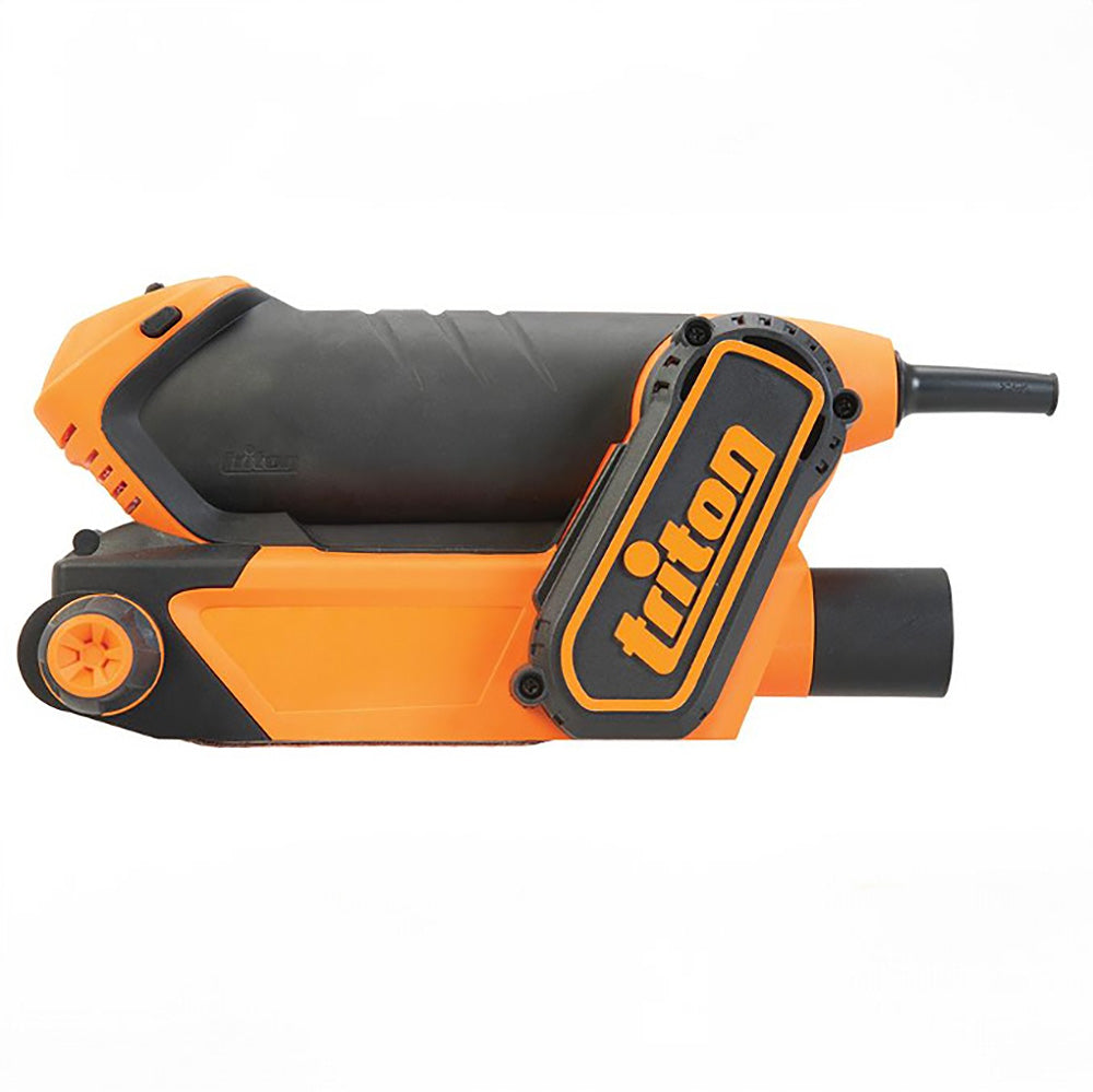 Electric belt sander with orange and black casing, side view, woodworking power tool