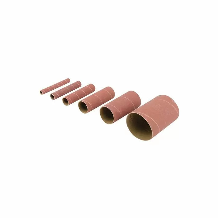 Set of six cylindrical sanding sleeves in various diameters for woodworking tools on white background.