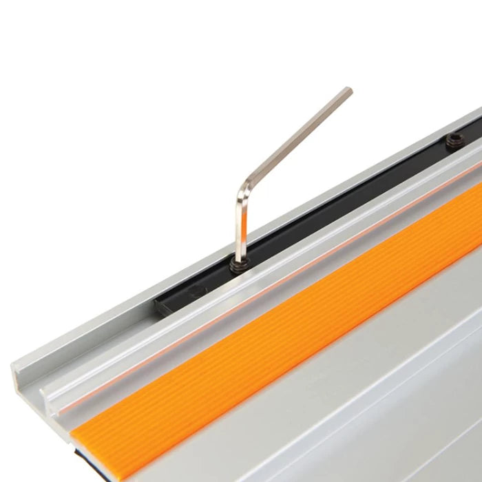 Aluminum track saw guide rail with orange anti-slip strip and hex key adjustment