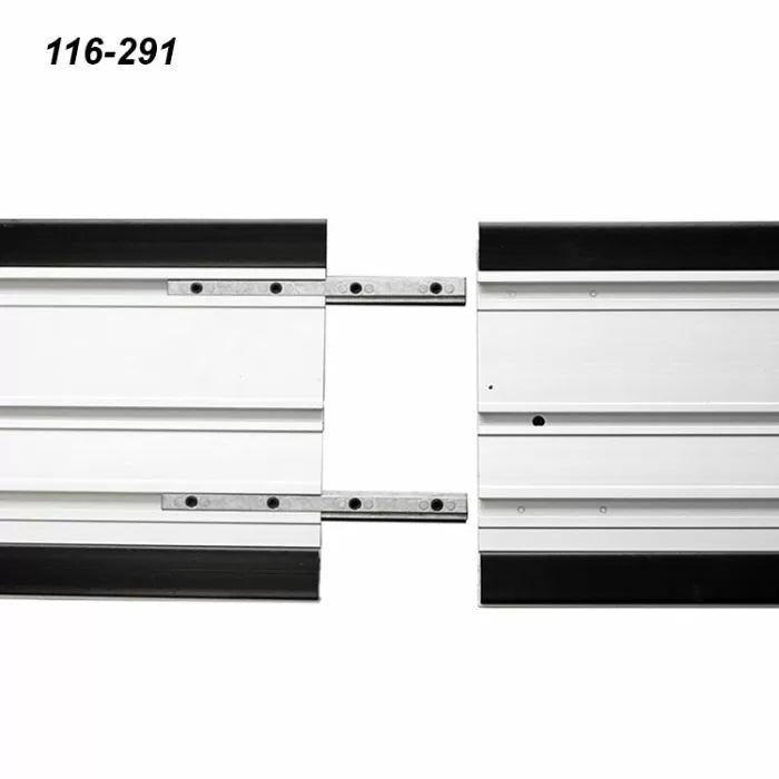 Aluminum track saw guide rail connector set with black edge strips, model 116-291