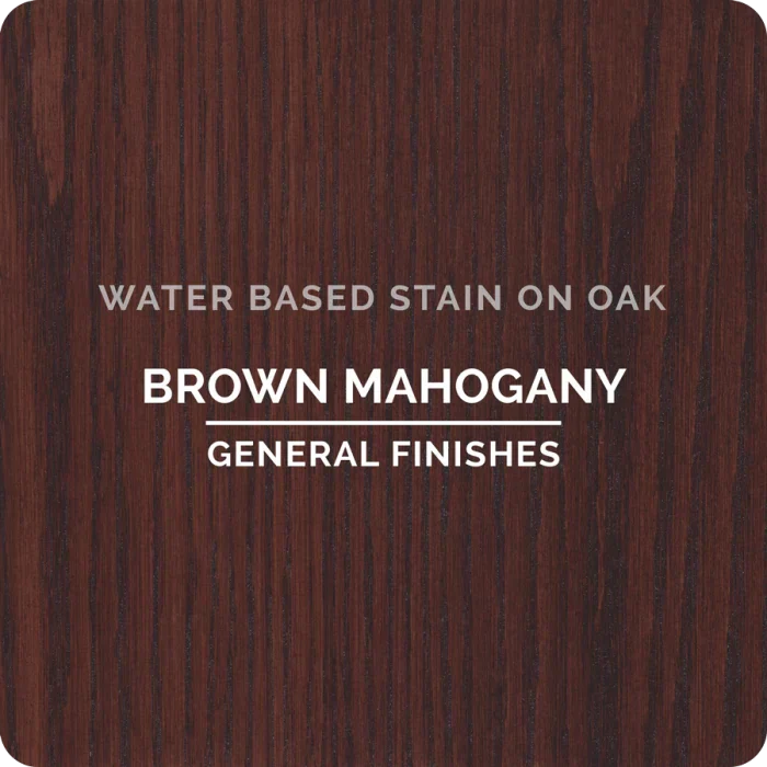 Brown mahogany water-based wood stain sample on oak with visible wood grain.