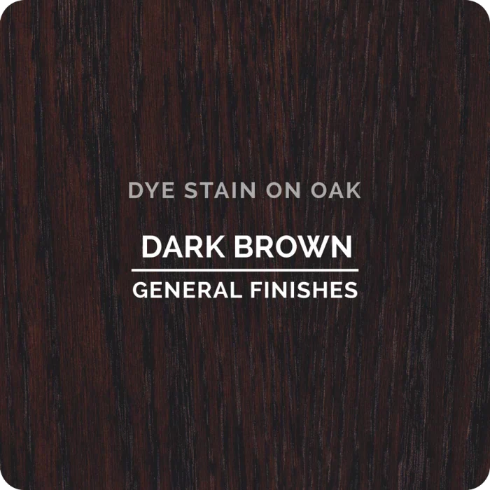 Dark brown dye stain on oak wood sample with visible grain pattern.