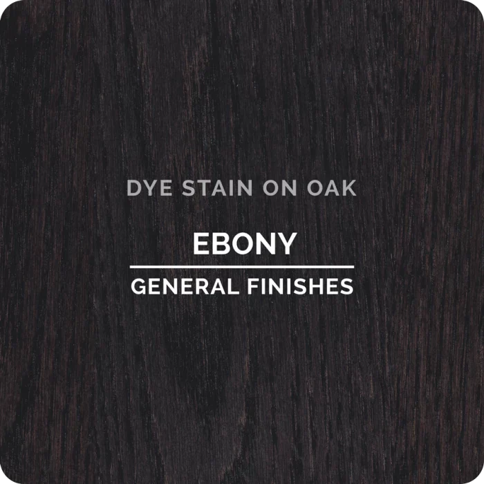 Ebony dye stain on oak wood sample, dark finish, for woodworking projects.