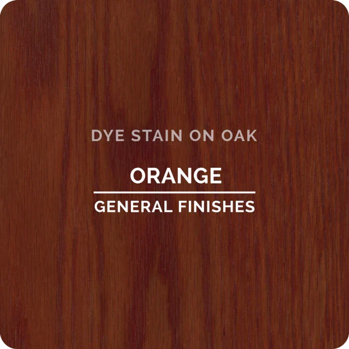 Orange dye stain on oak wood sample, General Finishes, clear grain texture shown