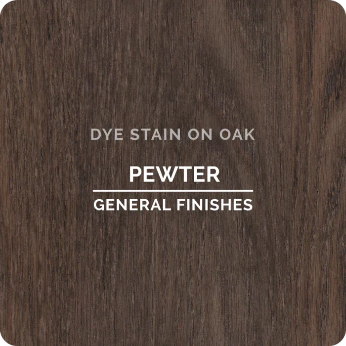 Pewter dye stain on oak wood sample with visible grain and labeled finish.