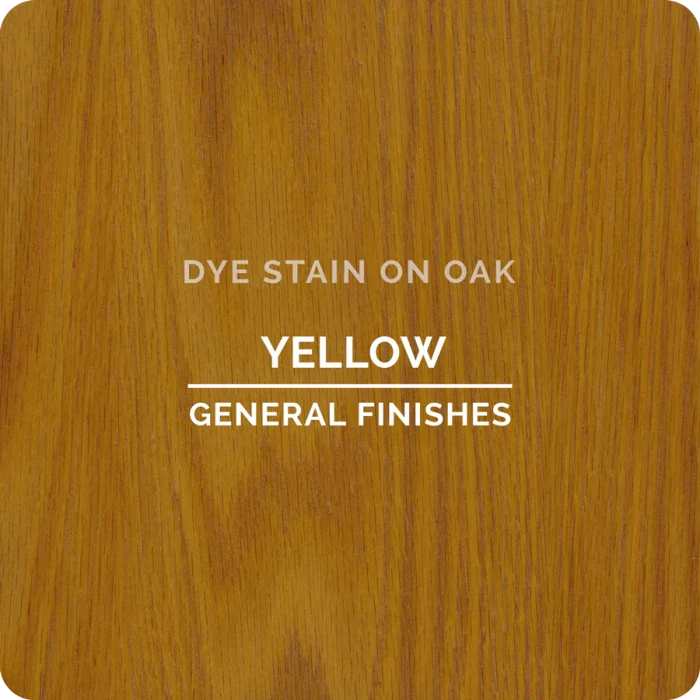 Yellow dye stain on oak wood sample with natural grain pattern, labeled General Finishes.