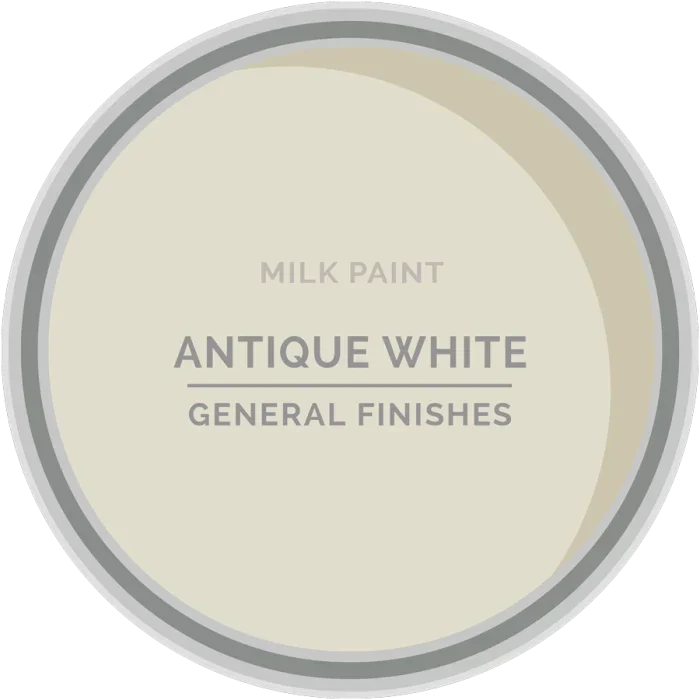 Antique white milk paint in a tin labeled General Finishes, woodworking paint color sample.