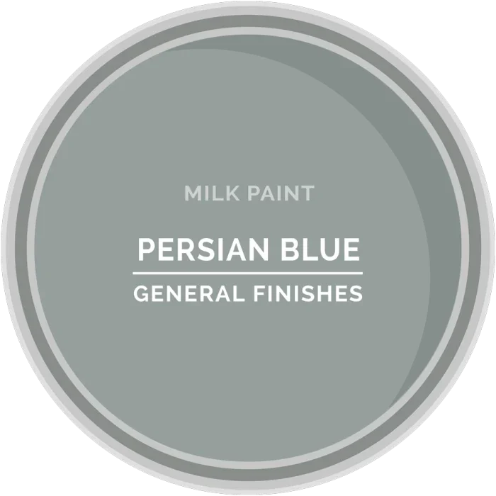Persian Blue milk paint sample with subtle blue-gray color and General Finishes label.