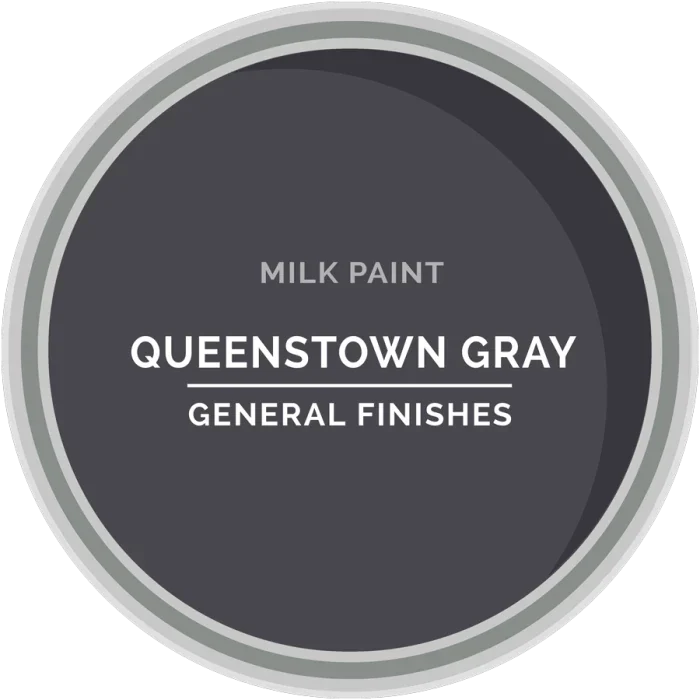 Queenstown Gray milk paint sample by General Finishes in a round paint swatch.