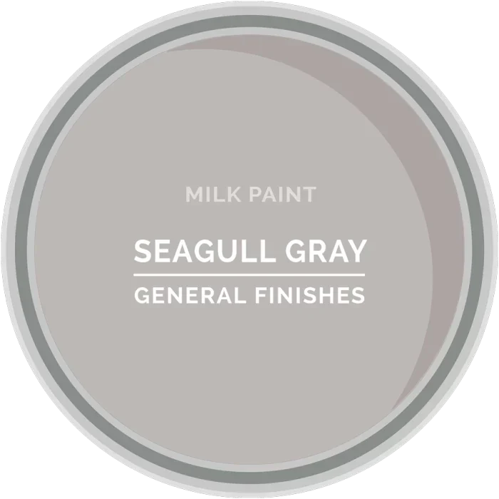 Seagull Gray milk paint sample from General Finishes shown in a paint tin top view.