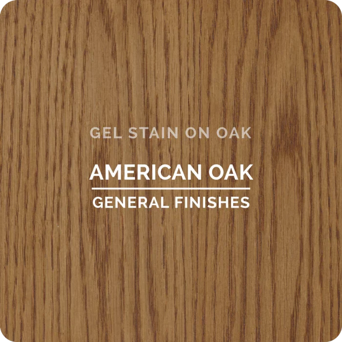 American oak wood sample with gel stain, featuring visible grain and labeled general finishes.
