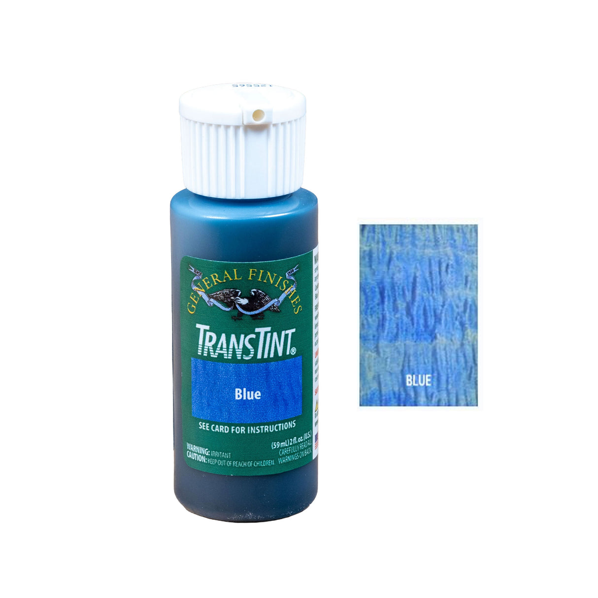 Blue TransTint liquid dye bottle for woodworking with wood sample showing blue stain effect