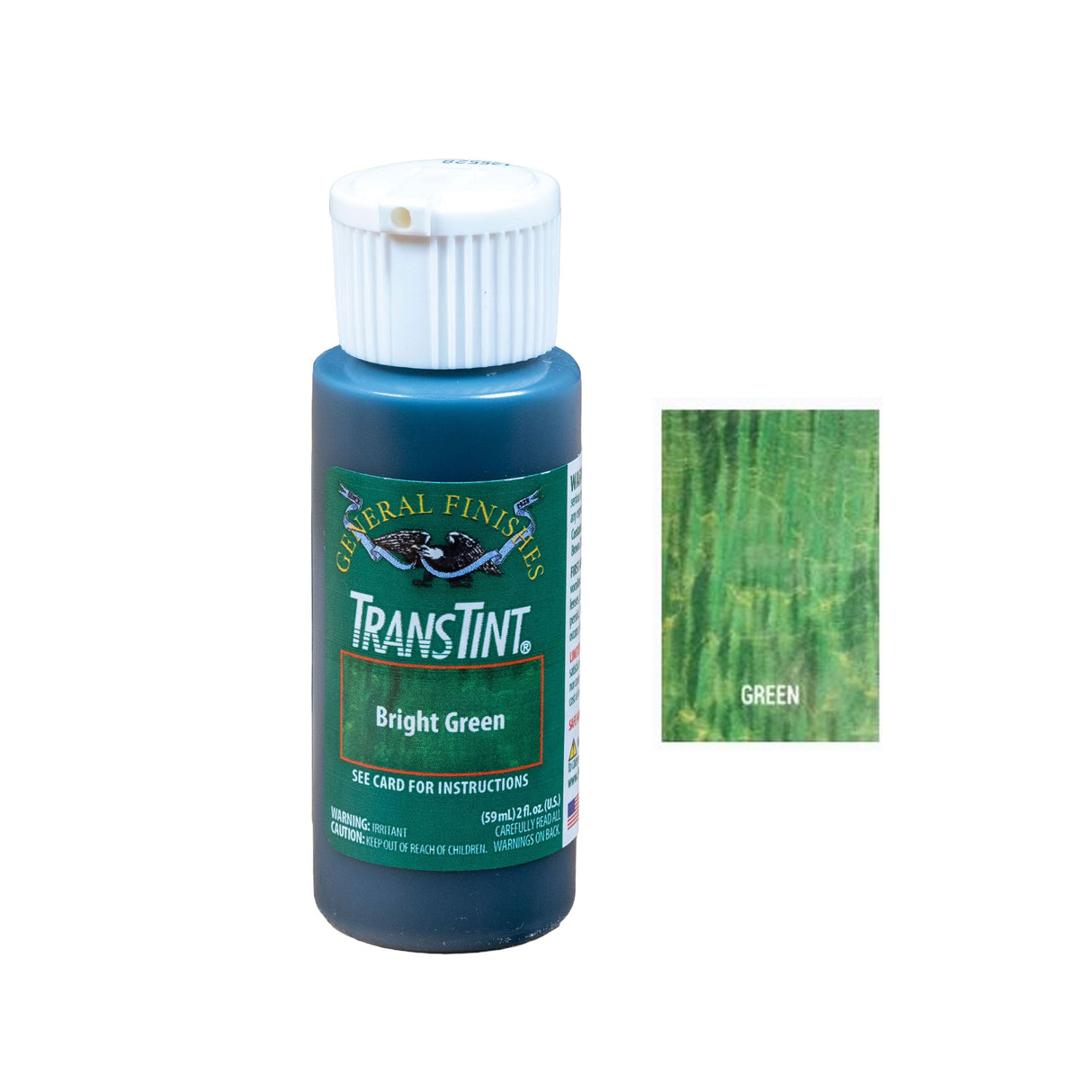 TransTint Bright Green wood dye bottle with sample stain color swatch