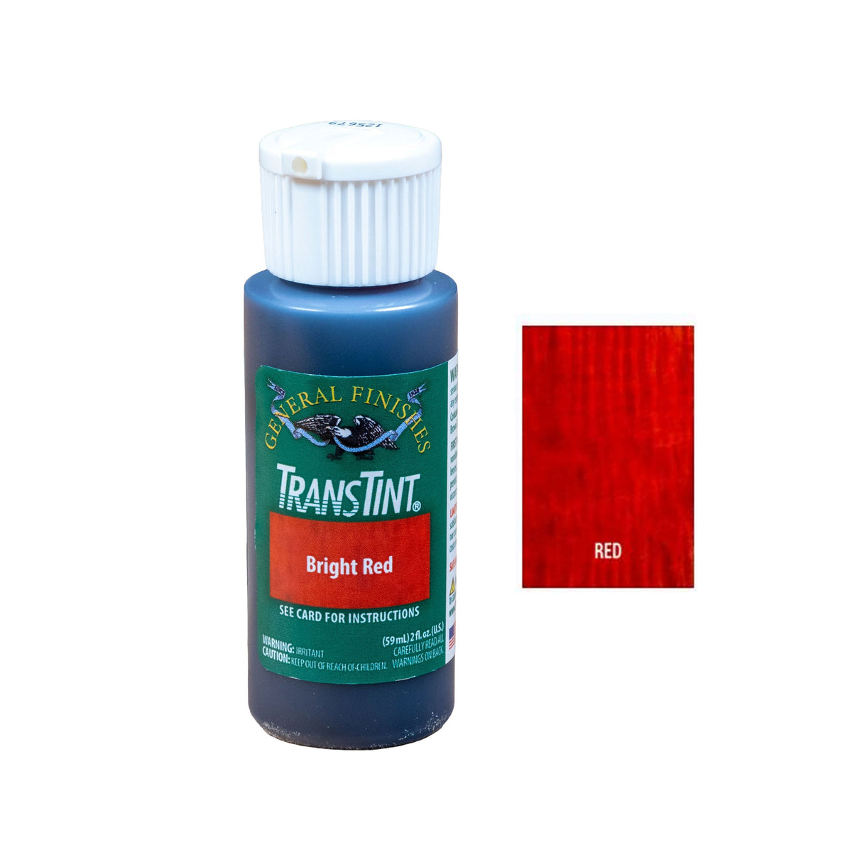 Bottle of TransTint Bright Red wood dye with a red color sample swatch