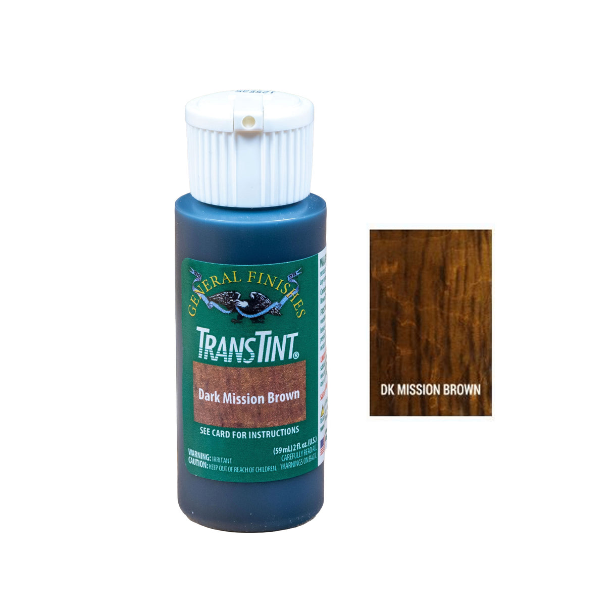 TransTint Dark Mission Brown wood dye bottle with sample color swatch for woodworking