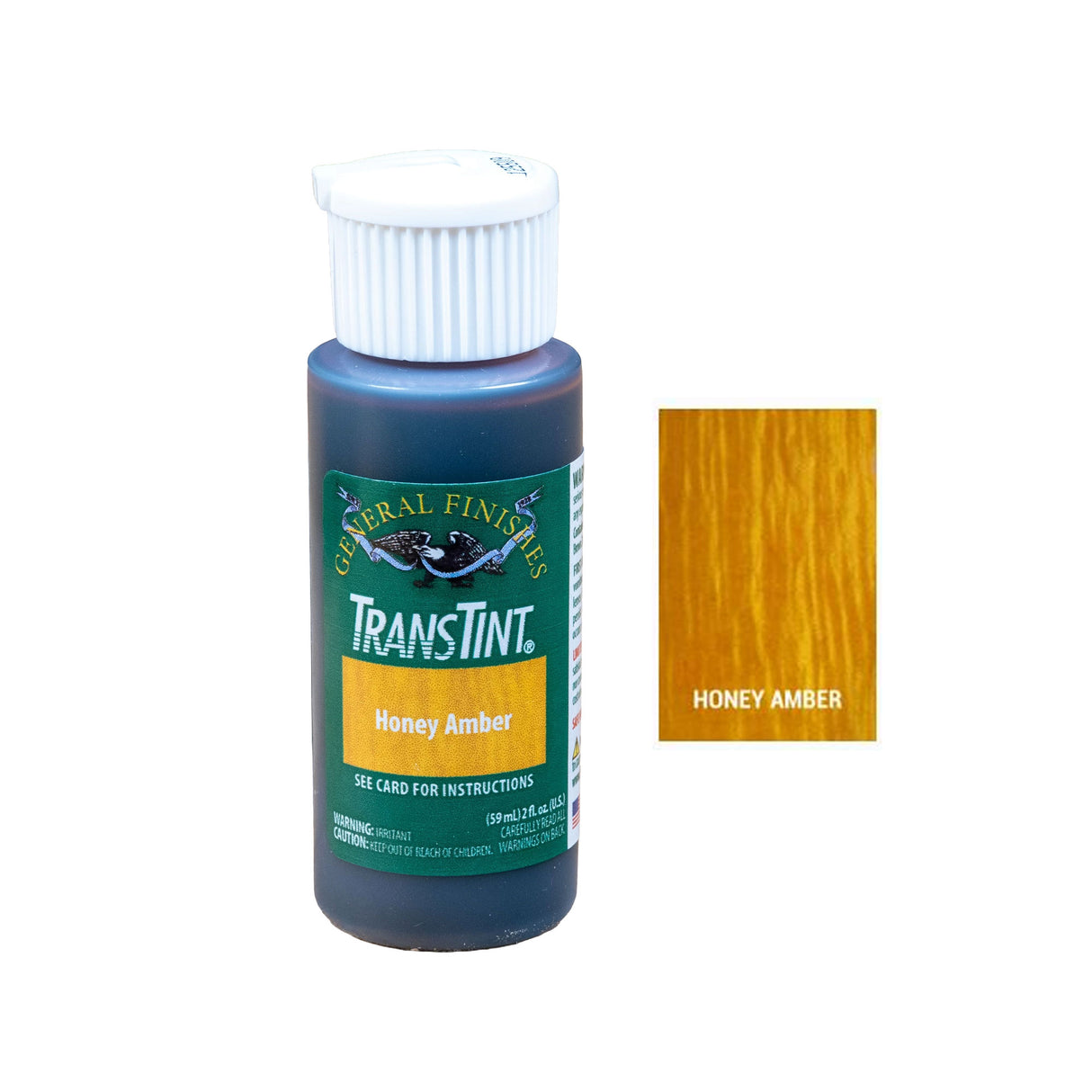 Bottle of TransTint Honey Amber wood dye with sample color swatch for woodworking projects
