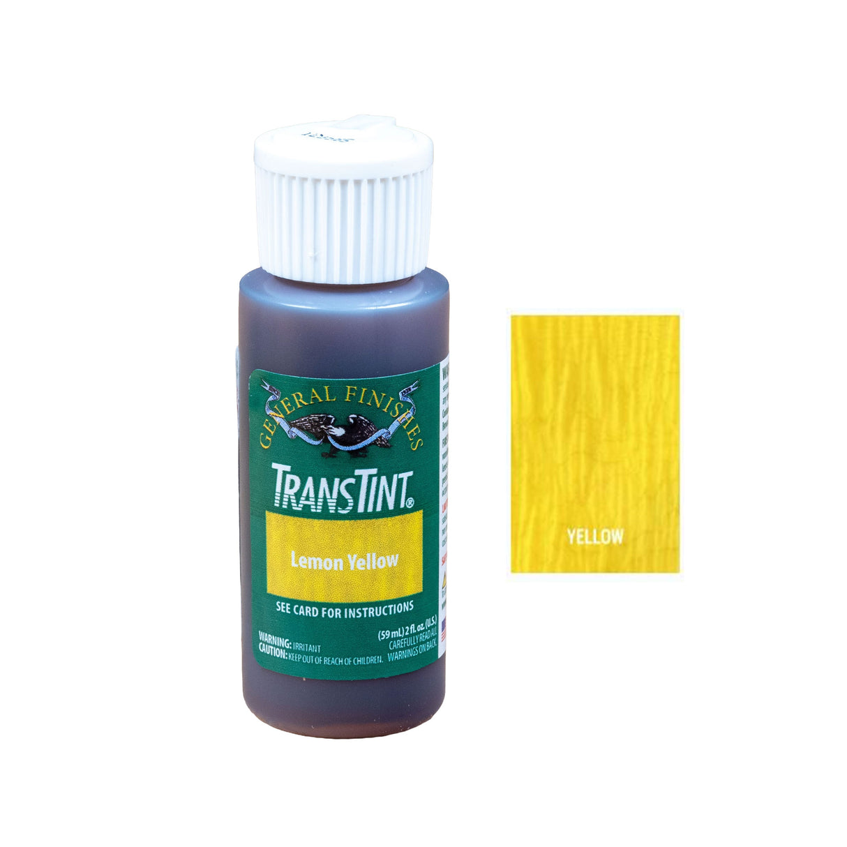 TransTint Lemon Yellow wood dye bottle with sample color swatch on white background