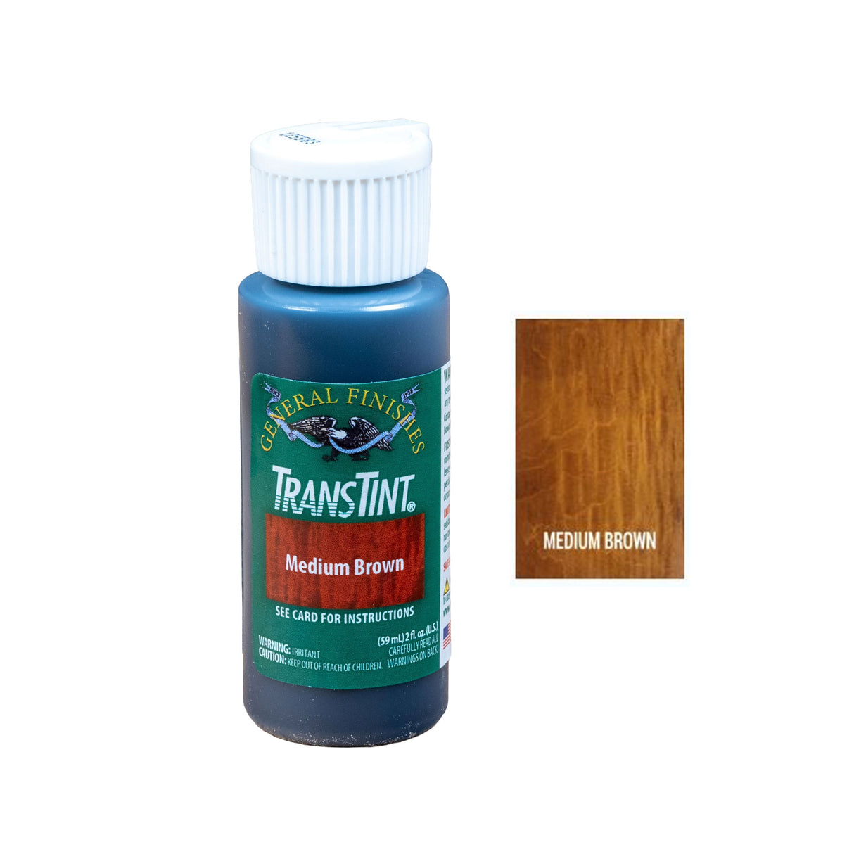 TransTint Medium Brown wood dye bottle with medium brown color sample swatch