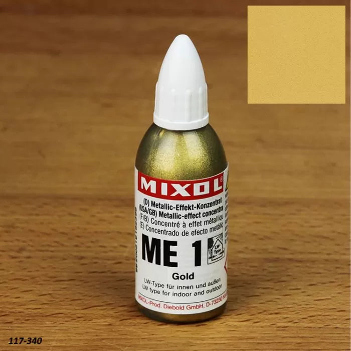 Mixol metallic effect concentrate ME 1 gold bottle on wood surface with gold color swatch