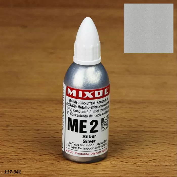 Mixol ME 2 silver metallic effect concentrate bottle for woodworking projects on a wood surface