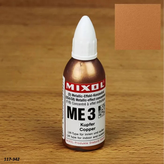 Mixol ME 3 copper metallic effect concentrate bottle on wooden surface with color sample