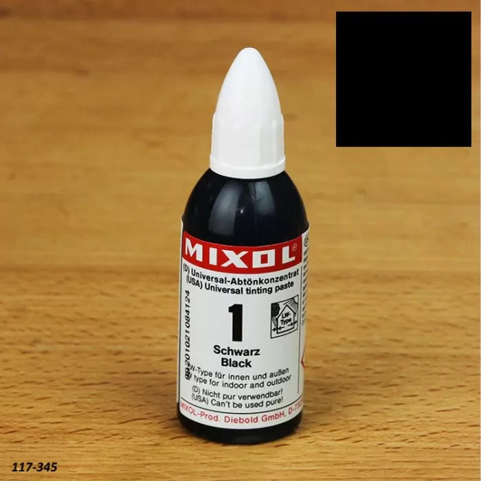Mixol black universal tinting paste bottle on wooden surface, woodworking colorant