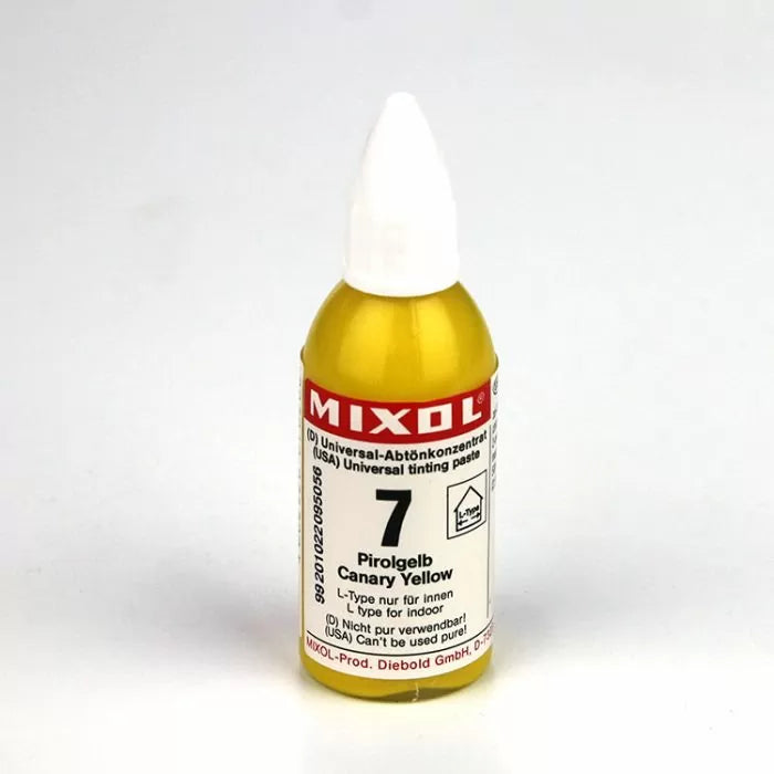 Mixol canary yellow universal tinting paste bottle for woodworking projects
