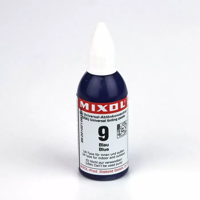 Blue Mixol universal tinting paste bottle for woodworking, white background
