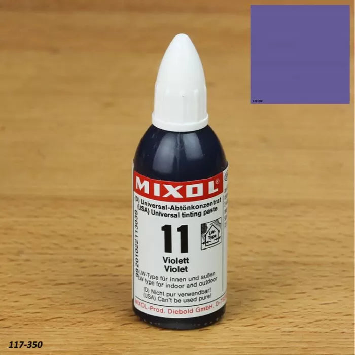 Violet universal tinting paste bottle on wood surface with color sample swatch