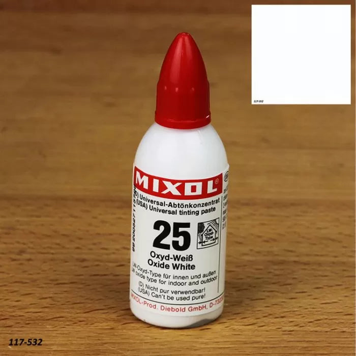 Mixol Oxide White universal tinting paste bottle on wood surface
