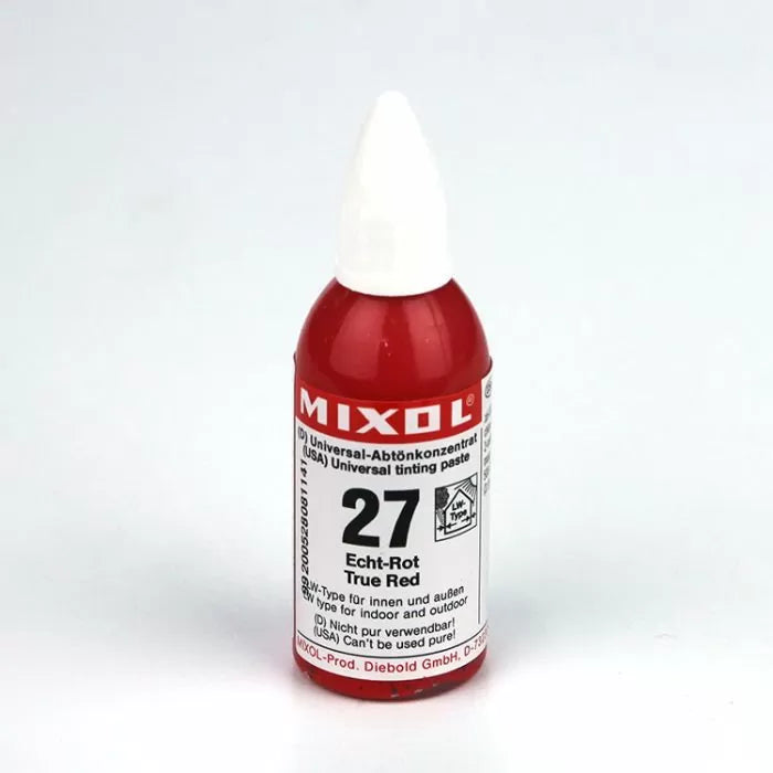 Mixol 27 True Red universal tinting paste bottle for woodworking and finishing projects
