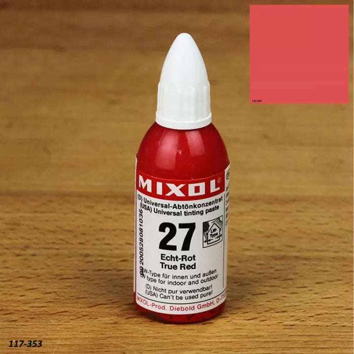 Mixol True Red 27 universal tinting paste bottle on wood surface with red color swatch