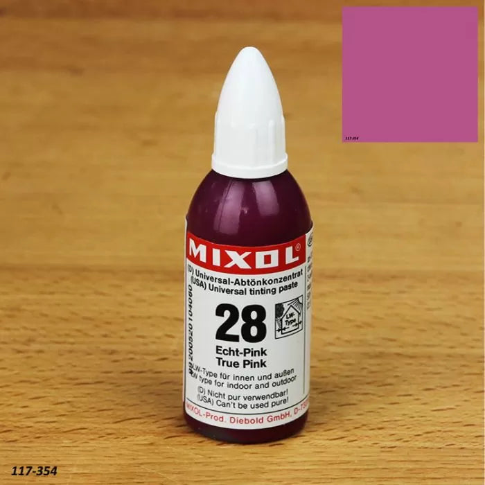 Mixol Universal Tinting Paste 28 True Pink bottle on wood surface with color swatch