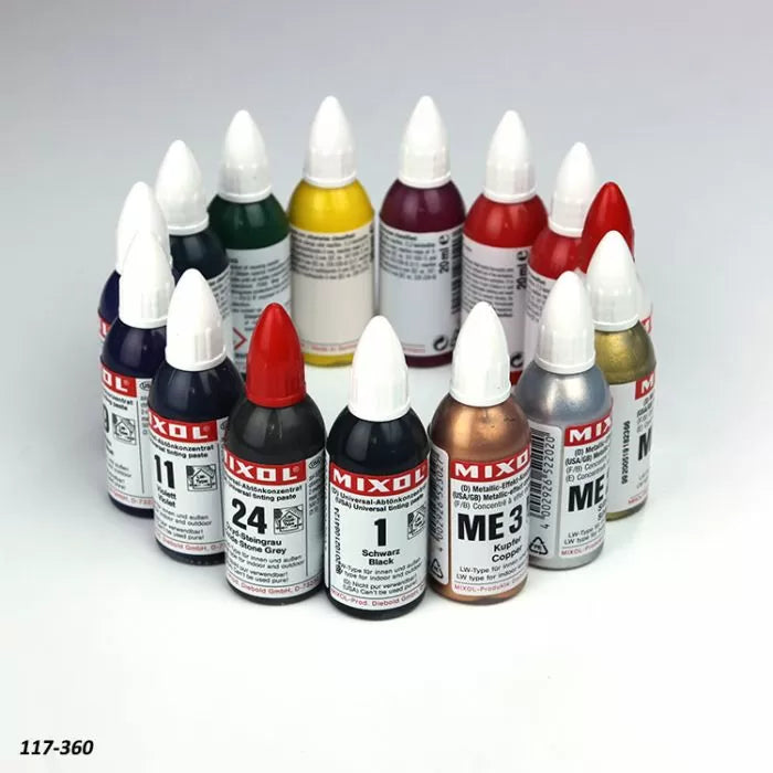 Set of MIXOL universal color pigment bottles in assorted colors, arranged on a white background.
