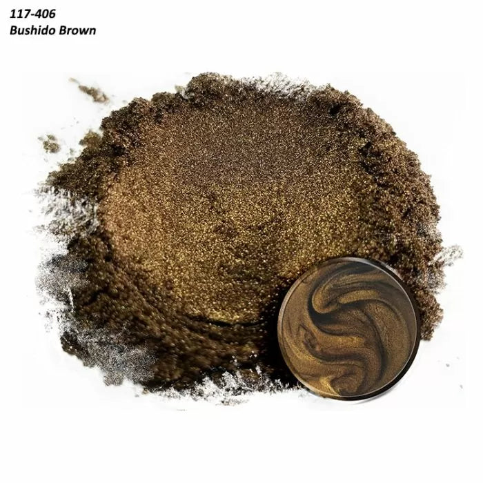Brown metallic mica powder pigment labeled 117-406 Bushido Brown for woodworking finishing