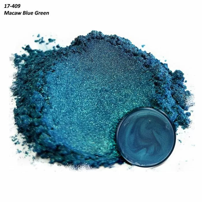 Macaw blue green mica powder pigment with a shimmering, metallic blue-green hue