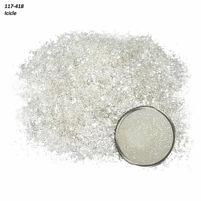 Clear icicle glitter flakes for woodworking, crafts, or finishing projects, close-up view.