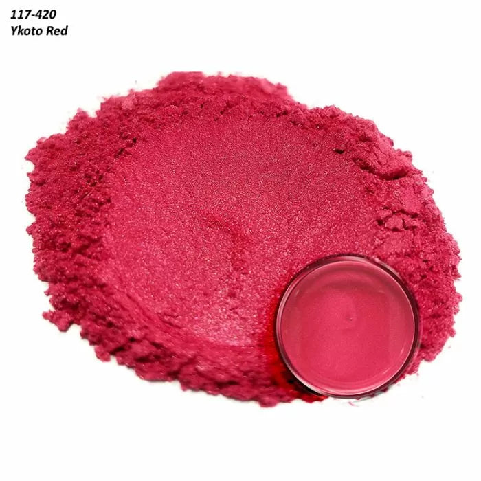 Vibrant red pigment powder with matching liquid sample, labeled 117-420 Ykoto Red.