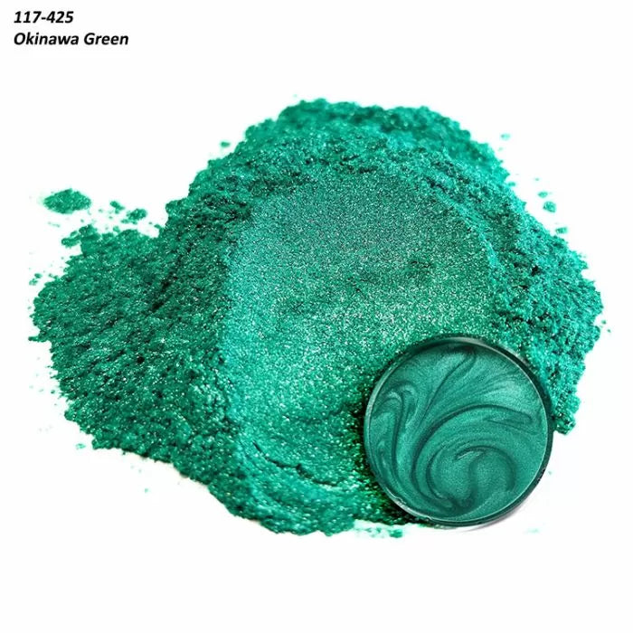 Shimmery Okinawa Green mica powder pigment with swirled metallic texture sample