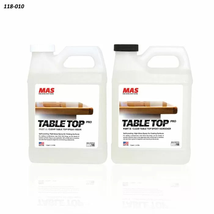 Two containers of MAS Table Top Pro clear epoxy resin and hardener for woodworking projects