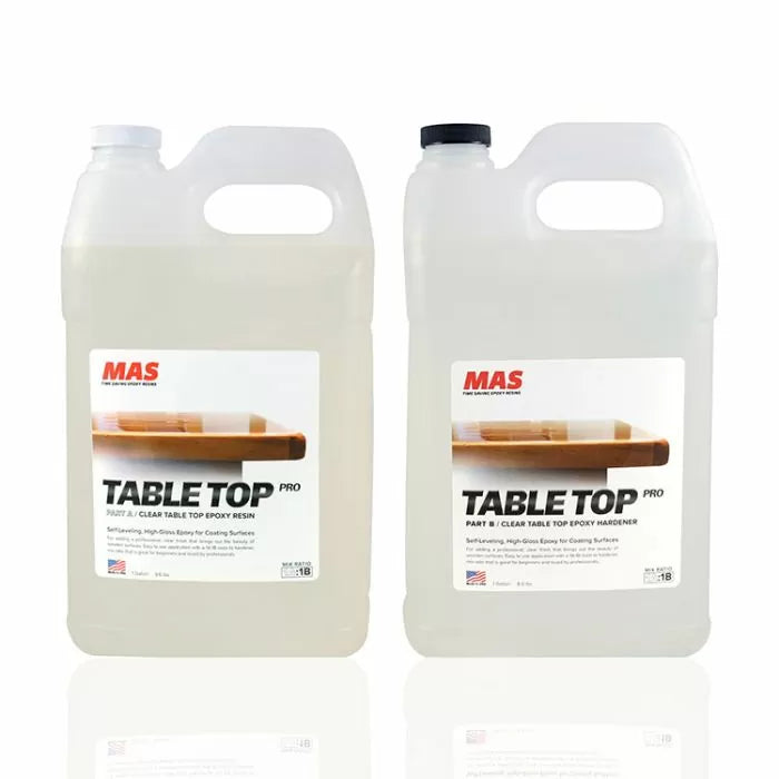 Two MAS Table Top Pro epoxy resin and hardener jugs for woodworking projects