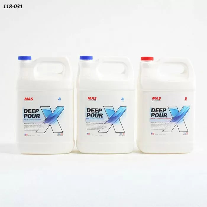Three MAS Deep Pour X epoxy resin jugs for woodworking projects on white background.
