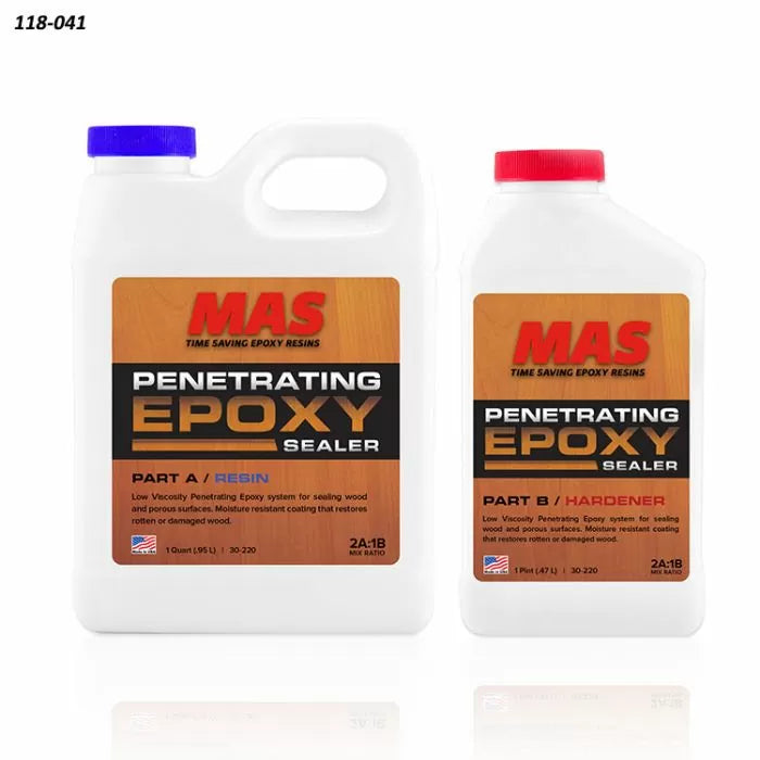 MAS Penetrating Epoxy Sealer kit with resin and hardener bottles for woodworking