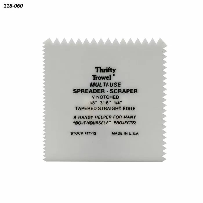 Plastic notched spreader scraper with serrated edges for woodworking and DIY projects