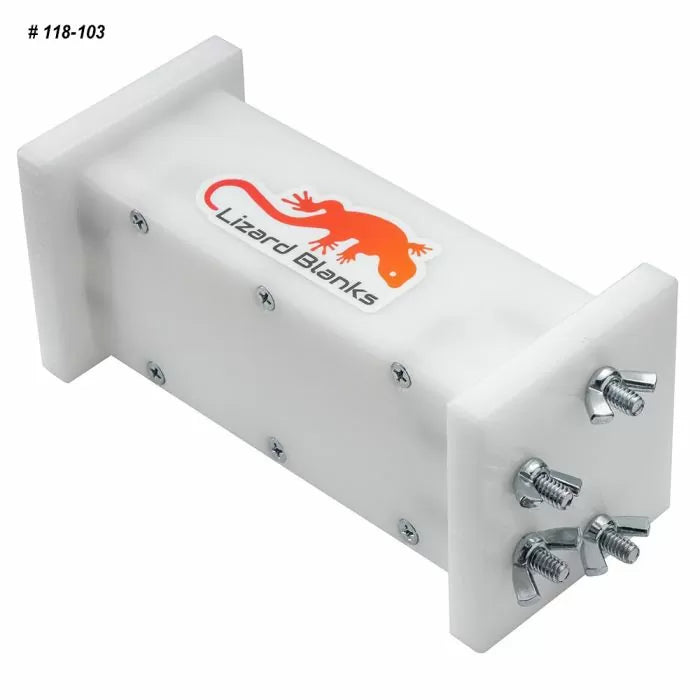 Acrylic resin casting mold with screws, labeled 'Lizard Blanks', used for woodworking projects.