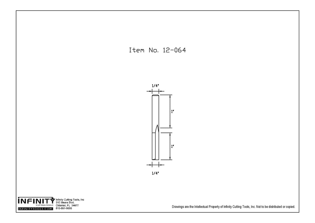 Technical drawing of 1/4 inch straight router bit, item 12-064, with precise dimensions