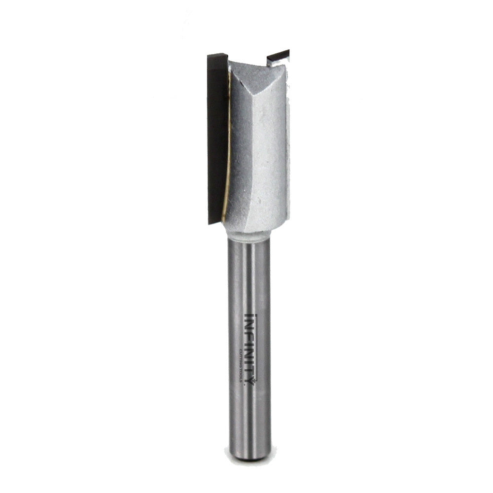 Straight router bit for woodworking with sharp carbide cutting edge on white background